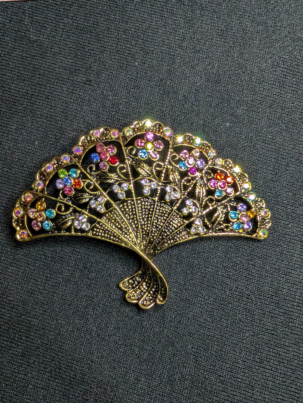 Gold-Tone Fan Brooch with Multicolor Crystals